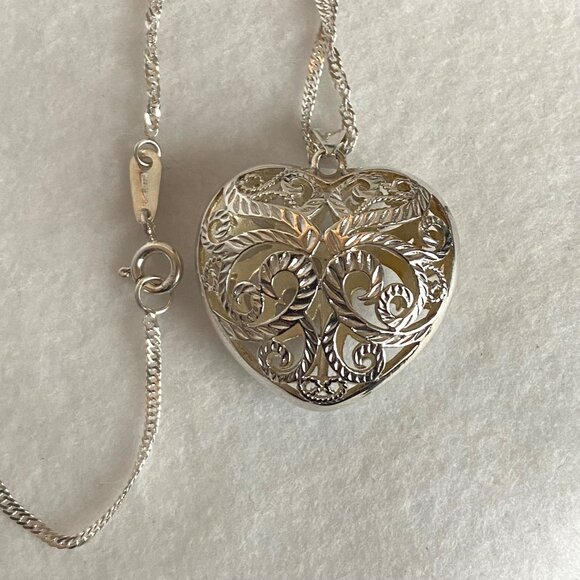 Steven Lavaggi Sterling Silver 925 Filigree Puffy Heart Angel Pendant Necklace - Picture 8 of 16